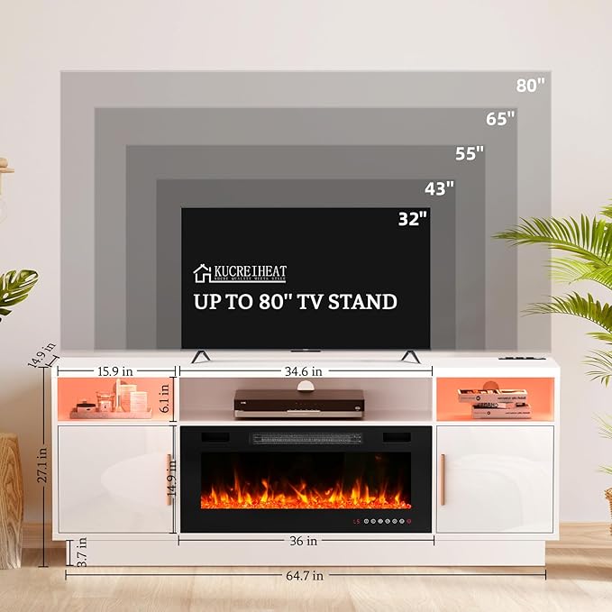 70'' TV Stand with Fireplace and Power Outlet-LED White Entertainment Center for 75+ inch TV- 27'' High TV Cabinet with Storage, High Glossy Door, Modern TV Console for Living Room