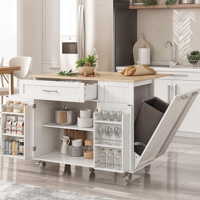 Kitchen Island with Storage & Drop Leaf - 43.3" Mobile Kitchen Cart with Wheels, Rolling Kitchen Island with Trash Bin Cabinet & Towel Rack, Rubberwood Top, White Island for Kitchen