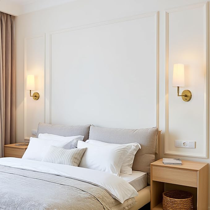 Brass Wall Sconces Set of Two, Hardwired White Fabric Shade Wall Lamps, Bathroom Vanity Lights Fixture with Switch, Indoor Wall Lights for Bedroom Living Room Corridor