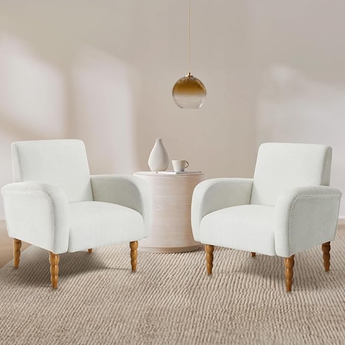 Accent Armchair Set of 1, Mid-Century Modern Living Room Chairs with Gourd-Like Shape Wooden Legs, Chenille Upholstered Single Sofa Reading Chair for Living Room Bedroom Guest Room,White