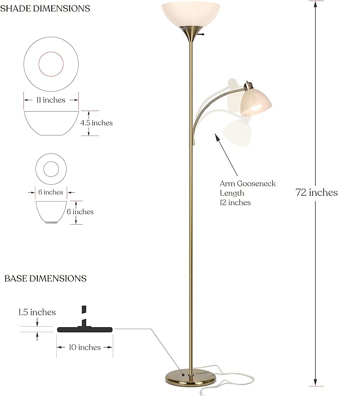 Brightech Sky Dome Plus LED Floor lamp, Torchiere Super Bright Floor Lamp with Reading Lamp for Living Rooms & Offices - Dimmable Tall Standing Lamp for Bedroom Reading - Gold Brass