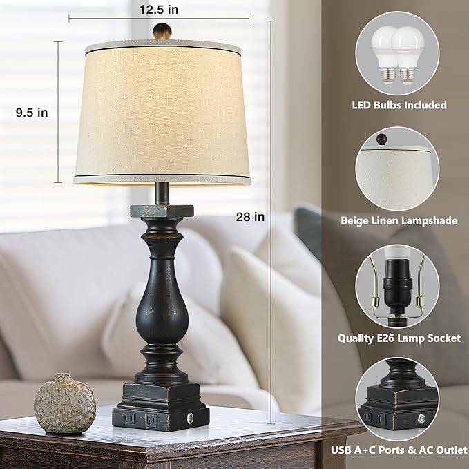 28" Tall Farmhouse Table Lamps Set of 2 with USB C+A Ports and AC Outlet, 3 Way Touch Control Rustic Bedside Lamp for Bedroom, Black Vintage Nightstand Lamp for Living Room Office