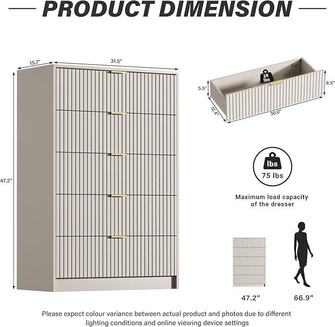Beige Dresser for Bedroom, Modern Dresser with 5 Drawers and Smooth Slides, Wide Chest of Drawers with Golden Handles for Bedroom, Living Room, Closet, 15.7" D x 31.5" W x 47.2" H