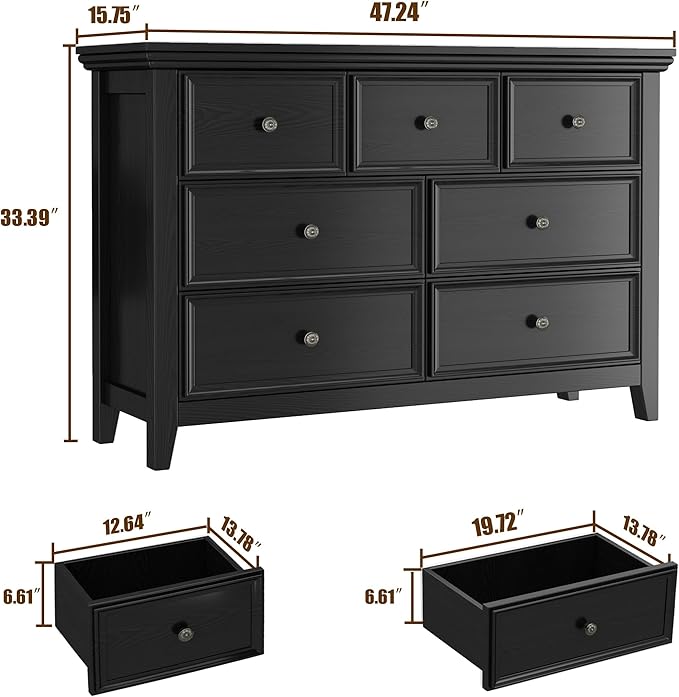 BLANKSPACE Black Dresser, Modern Dresser for Bedroom, 7 Chest Drawer Nightstand, Large Capacity Wood Cabinet for Bedroom, Living Room, Closets