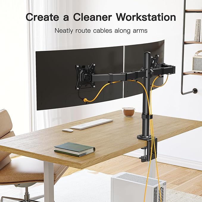 ErGear Dual Monitor Desk Mount for 13″–34″ Monitors up to 26.5 lbs, Fully Adjustable Monitor Stand Holds 2 Computer Screens, Heavy-Duty Dual Monitor Arm with C-Clamp & Grommet Base, Black, EGCM13B