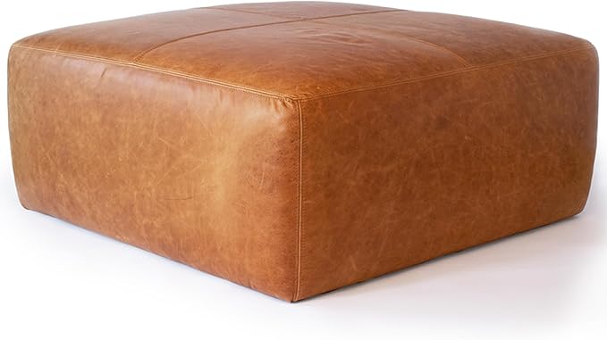 Poly & Bark Sequoia Ottoman – 35” Square Pouf with Feather-Down Topper – Full-Grain Leather Upholstered Pouf Ottoman for Living Room – Vintage Italian Leather in Cognac Tan