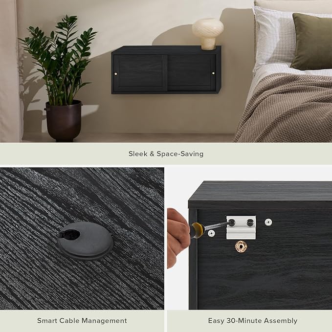 mopio Lauren Floating TV Shelf, Multi-Purpose Modular Under TV Display Shelf, Wall Mounted Wood Television Cabinet, Nightstand, Side Table, End Table, Bedside Shelves for Bedroom (Black, 31", Single)