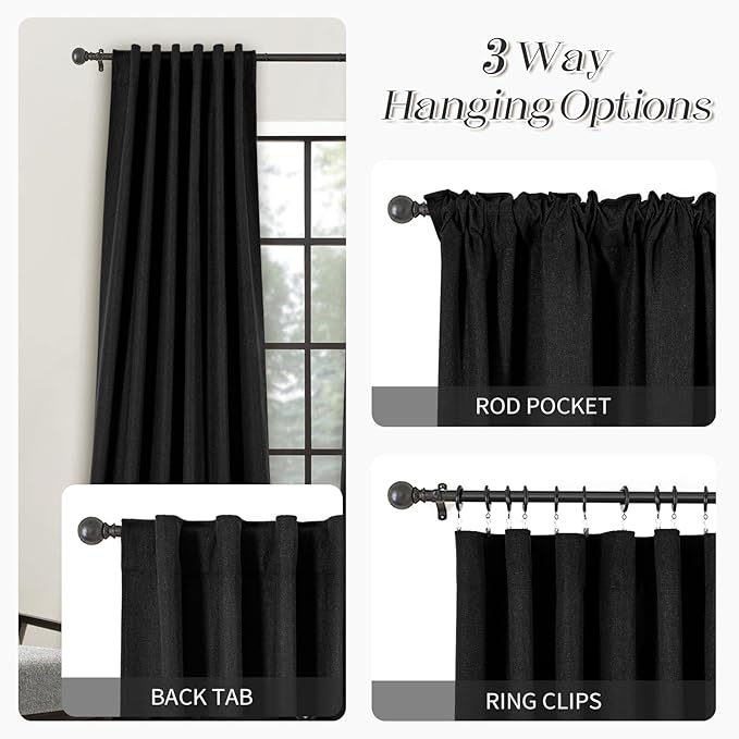Short Curtains for Windows Bathroom, 100% Blackout Linen Boho Back Tab Pleated Cafe Curtains for Kitchen Bedroom, 45 Inch Length 2 Panels Set, Black