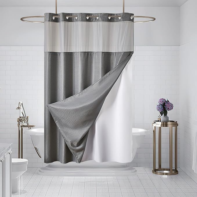 Furlinic No Hook Shower Curtain with Snap in Fabric Liner Set,Waffle Weave Heavy Duty Bathroom Curtain with See Through Window,Waterproof & Machine Washable,Hotel Style,Light Grey,71x72 Inch