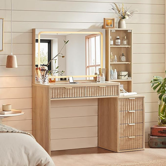 LEYAOYAO Vanity Desk with Mirror and Lights, 43.5'' Fluted Makeup Vanity with 6 Drawers and Adjustable Shelves, Glass Top Make Up Vanity, Girls Wood Dressing Table with Power Outlet for Bedroom