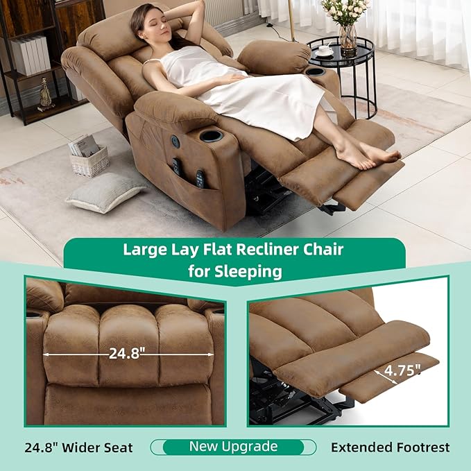 VIVIJASON Tall Man Large Dual Motor Power Lift Recliner Chair with Extended Footrest, Oversized Lay Flat Sleeper Electric Recliner W/Heat & Massage, Lumbar Pillow, USB & Type-C Ports, Brown