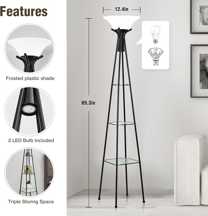 Floor Lamp with Shelves, 69” Tall Shelf Lamp with Remote Control, 3-Tier Glass Shelf Lamp, Dimmable Torchiere Floor Lamps for Living Room, Bedroom, Home Office, 3 Color Temperatures Bulbs Included