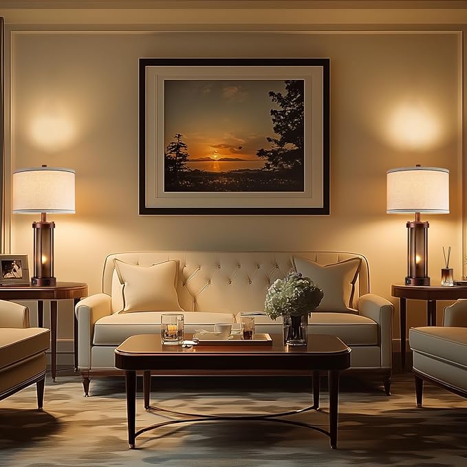 Set of 2 Farmhouse Table Lamps for Living Room, Rustic Bedside Lamps with 2 USB Charging Ports, Bedroom Nightstand Lamp with Amber Frosted Glass Nightlight, 4 Bulbs Includes