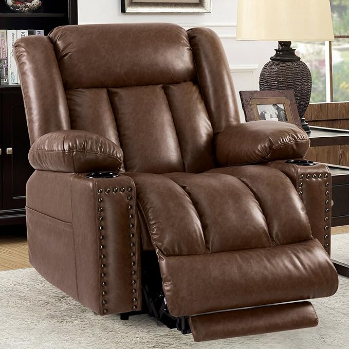 Large Power Lift Chair Recliner for Elderly with Heated and Massage, Overstuffed Adjustable Lift Chair, 3 Position, Breathable Leather, USB-A&USB-C, Cup Holder (Tall Man-7523, Chocolate)