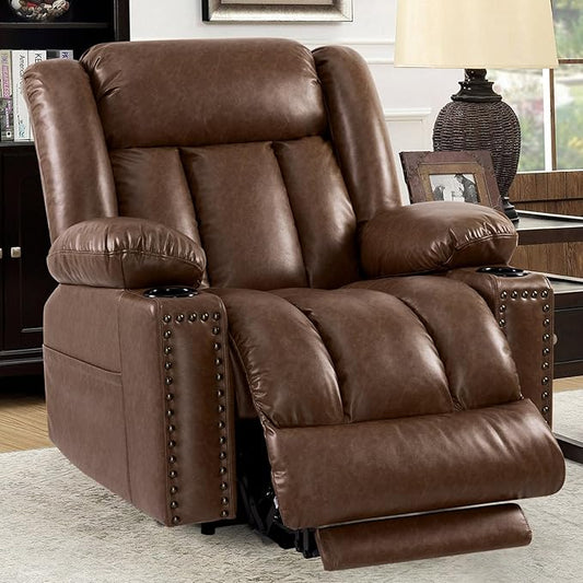 Large Power Lift Chair Recliner for Elderly with Heated and Massage, Overstuffed Adjustable Lift Chair, 3 Position, Breathable Leather, USB-A&USB-C, Cup Holder (Tall Man-7523, Chocolate)