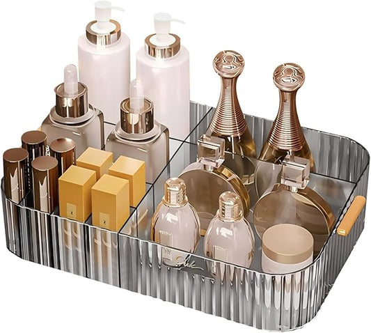 DASITON Large Capacity Makeup Organizer,12 Slots Makeup Brush Holder,Makeup Storage with Handle,Vintage Striped Cosmetic Organizer for Bathroom Countertops,Desk Storage Container(Grey)