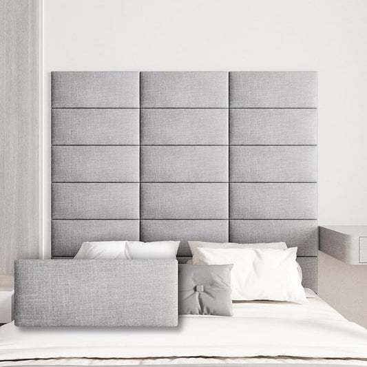 Upholstered Wall Mounted Headboard, 3D Soundproof Wall Panels Peel and Stick Headboard for Queen Size, Tufted, Light Grey (9 Panels, 10" x 24")