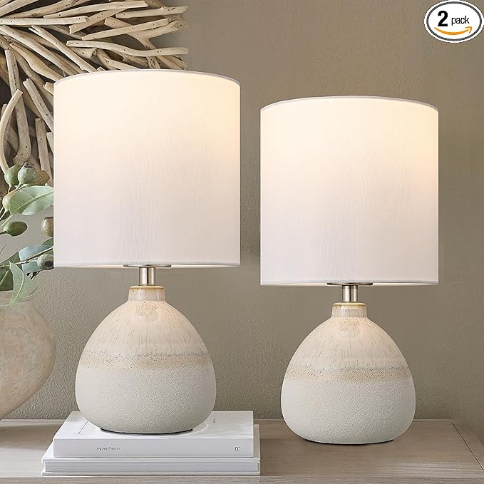 Set of 2 Ceramic Table Lamp for Bedroom, Small Table Lamp White Farmhouse Rustic Lamp Set Bedside Table Lamps for Nightstand Side Table Lamps for Living Room, 13.7IN