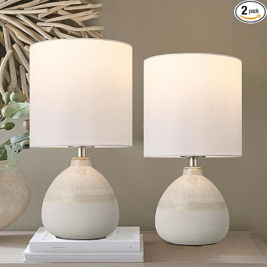 Set of 2 Ceramic Table Lamp for Bedroom, Small Table Lamp White Farmhouse Rustic Lamp Set Bedside Table Lamps for Nightstand Side Table Lamps for Living Room, 13.7IN