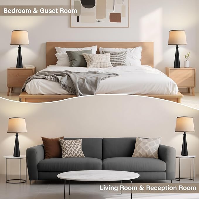 Seealle Modern Table Lamps Set of 2 - Touch Bedside Lamp for Nightstand with USB C+A,3-Way Dimmable Black Nightstand Lamps for Living Room Bedroom End Table with Grey Shade(Bulb Included)