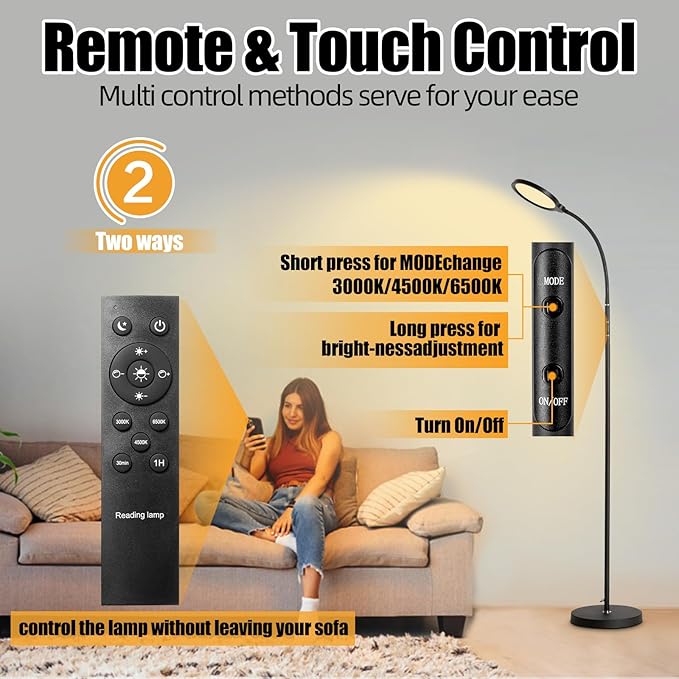 LED Floor Lamp, Reading Light, Bright Modern Tall Lamp, 3 Color Temperatures & Brightness, Adjustable Gooseneck Standing Lamp with Remote & Touch Control for Living Room, Bedroom, Office