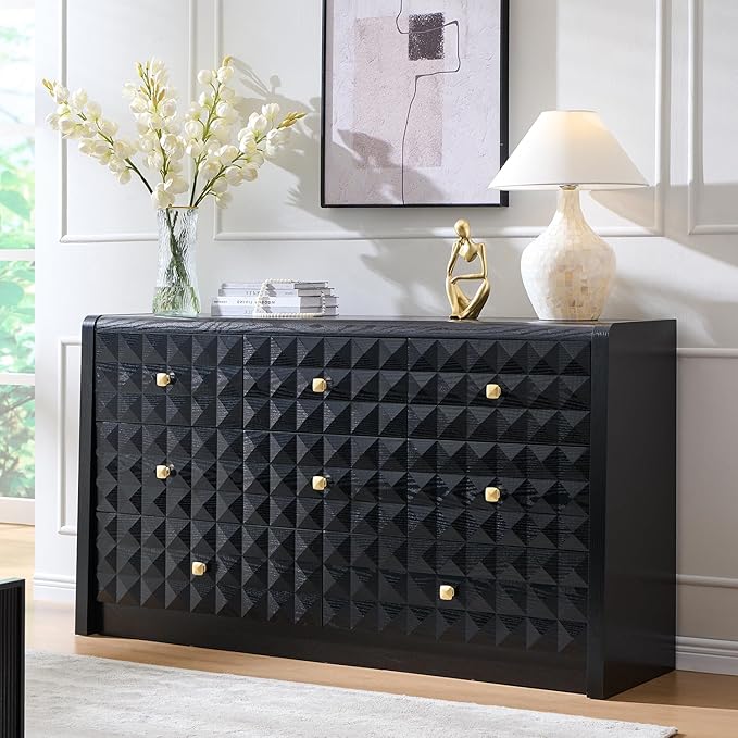 Modern 8 Drawer Dresser for Bedroom, Wooden Large Dressers &Chests of Drawers w/Two Different Drawer Sizes, Mid Century Modern Dresser w/Diamond Panel Decorate for Bedroom, Curved Profile Design,Black