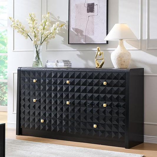 Modern 8 Drawer Dresser for Bedroom, Wooden Large Dressers &Chests of Drawers w/Two Different Drawer Sizes, Mid Century Modern Dresser w/Diamond Panel Decorate for Bedroom, Curved Profile Design,Black