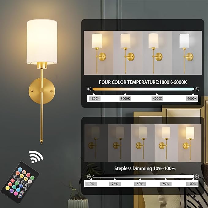 Battery Operated Wall Sconces Set of Two,Wireless Rechargeable Wall Light With Remote Control, Dimmable, Amber Light/Warm White/Natural White/Daylight/RGB, Timer,for Living Room,Bedroom,Entryway,Gold