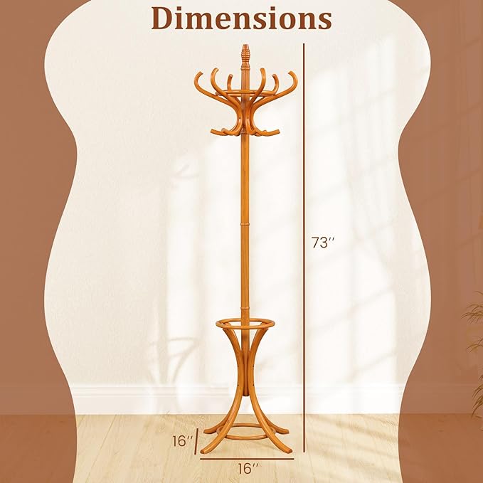 Tangkula Coat Rack with Umbrella Holder, 73 Inch Freestanding Coat Hanger Stand with 12 Hooks, Wooden Entryway Coat Tree for Clothes, Bags, Hats, Scarves, Living Room, Bedroom, Hallway (Natural)