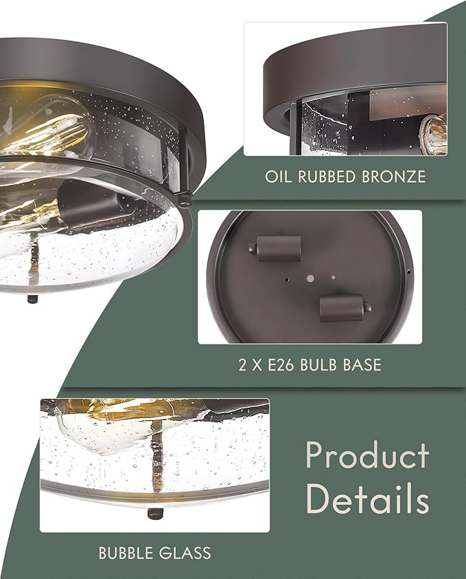 12-Inch Flush Mount Ceiling Light, Modern Farmhouse Style with Bubble Glass Shade, Oil Rubbed Bronze Finish, Ideal for Living Room, Bedroom, or Dining Room – Model CKCL4822-2W-SGORB