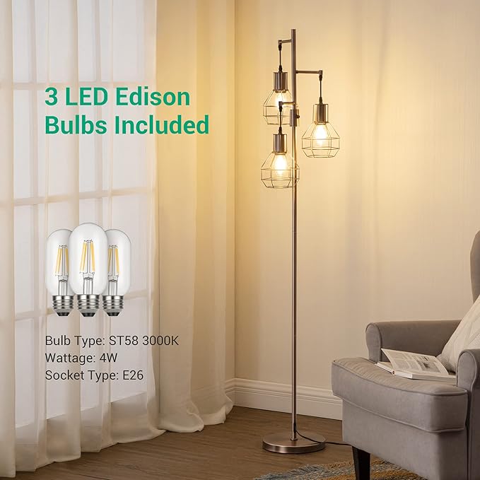EDISHINE Dimmable Industrial Floor Lamp, Farmhouse Standing Lamp for Living Room, Bedroom, 3 LED Edsion Bulbs Included, Rotary Switch, 65in Rustic Tree Reading Lamps for Study Room, Office - Brown