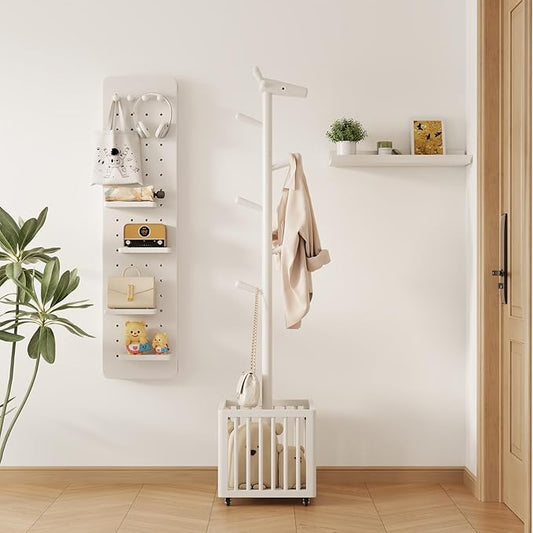 Coat tree freestanding heavy duty，Wooden coat rack freestanding for Entrance, Bedroom, Living room(White)