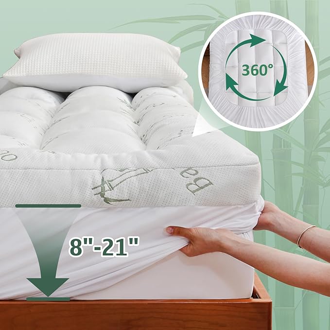 DOWNCOOL 3 Inch Memory Foam Mattress Topper King – Cooling Pillow Top Mattress Topper for Back Pain Relief, with Bamboo Viscose Air Layer, 1600 GSM Fill, Deep Pocket Fits 8–21 Inch