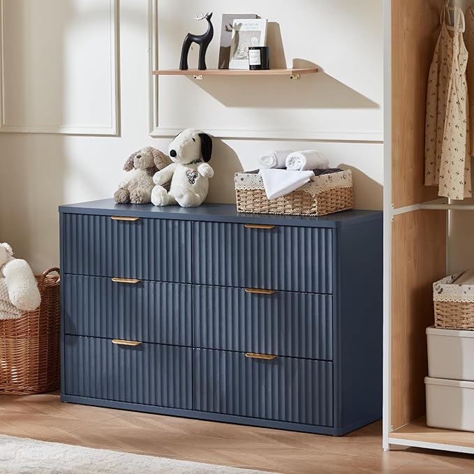LEYAOYAO Fluted 6 Drawers Dresser Set of 2, 48" Wide Modern Chest of Drawers with Metal Handle, Navy Blue Curved Profile Dresser TV Stand, Wooden Drawer Organizer for Bedroom, Living Room, Hallway