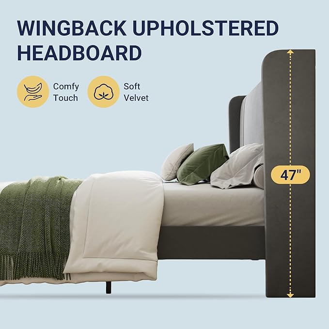 Allewie King Size Velvet Platform Bed Frame with Vertical Tufted Wingback Headboard, Easy Assembly, Under Bed Storage, No Box Spring Required, Modern Style, Grey