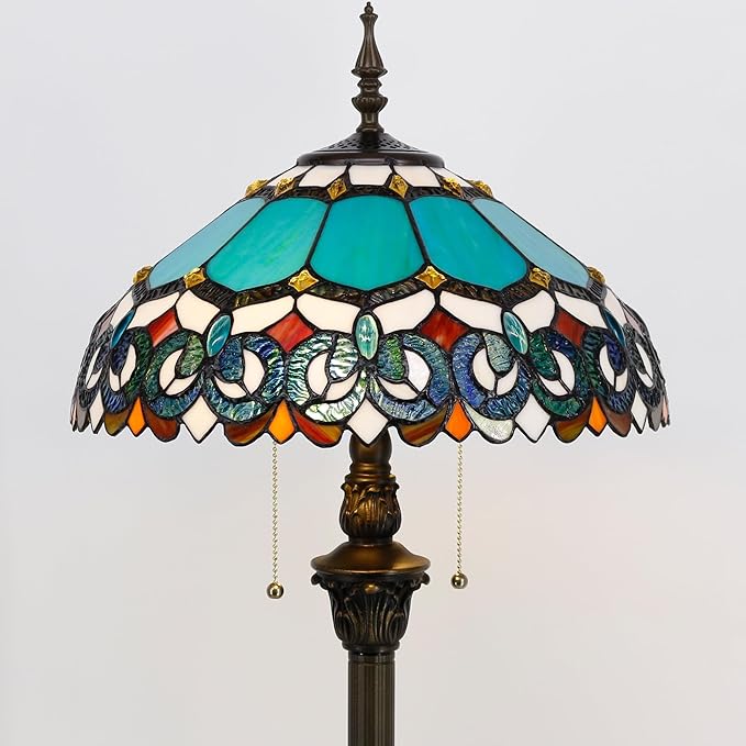 Tiffany Floor Lamp Stained Glass Lamp Standing Reading Light 16x16x70 Inch for Living Room (Blue Jewelry Baroque Style)