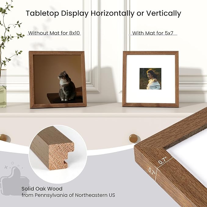 Axeman 8 x 8 Photo Frame | Solid Oak Wood 8x8 Picture Frame With Mat For 4x4 | 8 By 8 Picture Frame | 8x8 Wood Picture Frame | Plexiglass And Hanging Hardware Included | Walnut