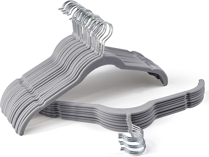 Premium Velvet Shirt Hangers 30 Pack, Space-Saving Non-Slip Felt Hanger with 360° Swivel Hook, Slim Flocked Hangers for Strappy Dresses, Blouses, Tank Tops(Grey)