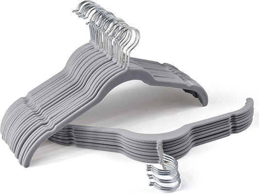 Premium Velvet Shirt Hangers 30 Pack, Space-Saving Non-Slip Felt Hanger with 360° Swivel Hook, Slim Flocked Hangers for Strappy Dresses, Blouses, Tank Tops(Grey)