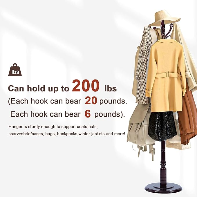 Coat Racks Freestanding, Natural Wood Coat Stands with 14 Hooks, 73" Heavy Duty Adjustable Height Vintage Hall Tree for Entryway, Bedroom, Office, Easy Assembly (Rosewood Ruyi hook)