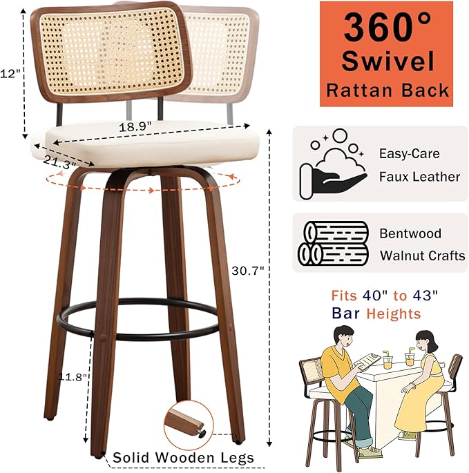 Rattan Swivel Bar Stools with Walnut Craftsmanship, Curved Rattan Back, Upholstered Seat, Mid Century Modern Bar Stools (Walnut Beige, Set of 2/30 inch)