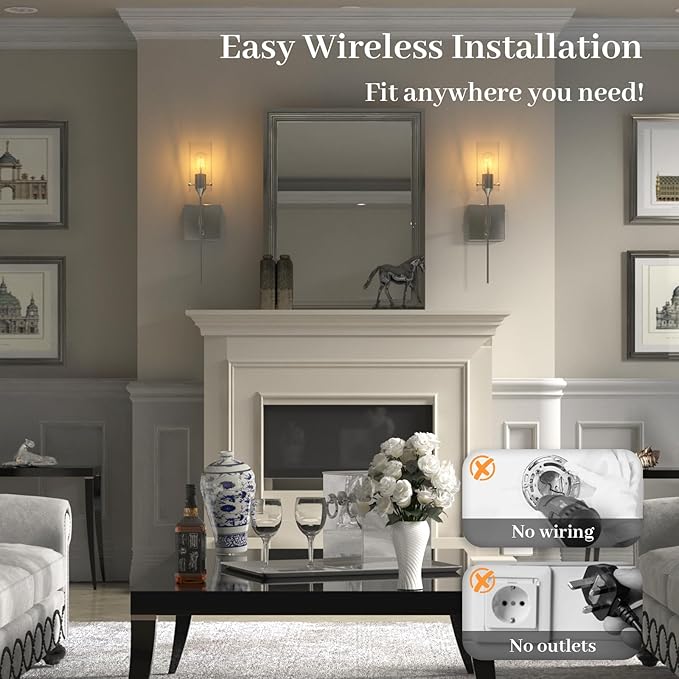 Battery Operated Wall Sconce with Remote Control Set of 2, Dimmable Wall Light Fixture Rechargeable, Nickel Wireless Wall Mount Lamp for Living Room Bedside Hallway Lounge, Bulb Included