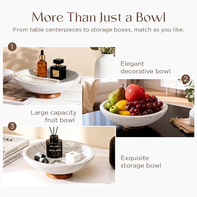 Gray Marble Fruit Bowl with Acacia Wood Pedestal, Large Decorative Footed Bowl, Natural Stone Centerpiece for Kitchen Counter, Entryway, Keys, Dining Table, House Warming Gifts New Home(11Inch)