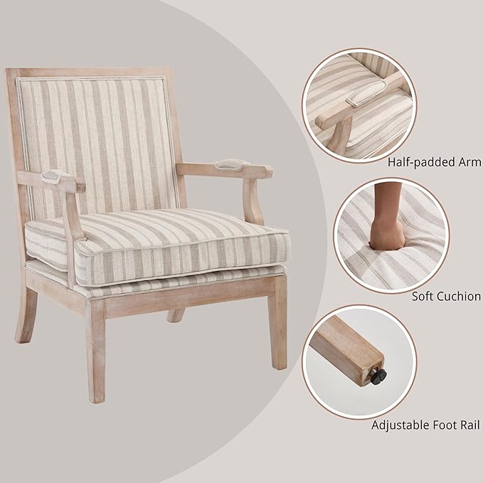 chairus Farmhouse Linen Accent Chair for Living Room, Upholstered Reading Chair with Solid Wood Frame Lounge Arm Chair with High Back for Bedroom, Reception Room, Waiting Room, Khaki Stripe