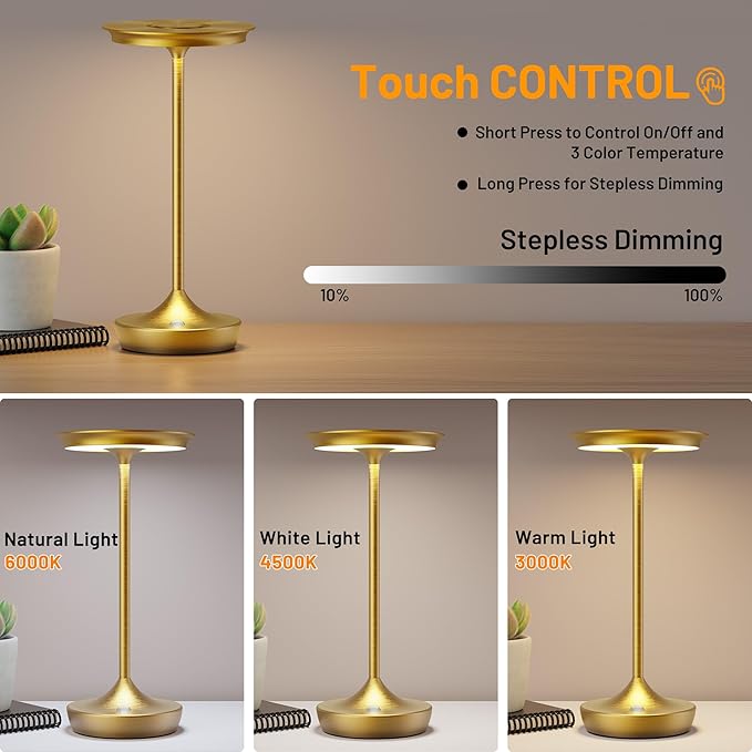 YHT Cordless Table Lamp, Restaurant Bedroom LED Rechargeable Stepless Dimming Desk Lamp, Outdoor Patio Portable 6000mAh IP54 Waterproof Table Light (Gold 2Pack)