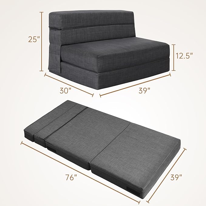 Fold Sofa Bed Couch Twin Size with Pillow Memory Foam Convertible Sleeper Chair Bed Futon Lazy for Living Room/Home Office/Guest Beds/Apartment/Upstairs Loft,Dark Gray