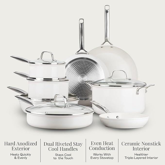 GOTHAM STEEL PRO 13 Pc Ceramic Cookware Set Nonstick, Pots and Pans Set Non Stick for Kitchen, Hard Anodized Induction Cookware, Non Toxic Made Without PFOA PFOS, Oven & Dishwasher Safe, Cream White