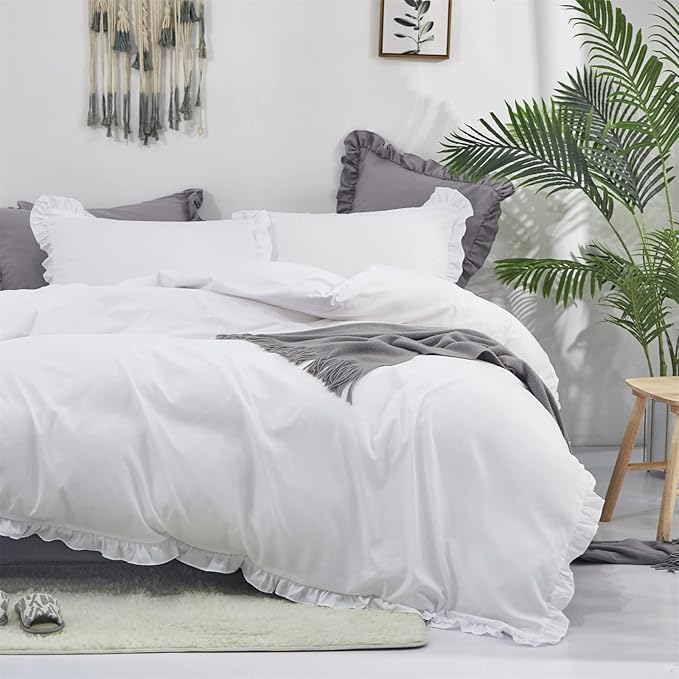 Cottonight Ruffle White Comforter Set California King Farmhouse Shabby Bedding Comforter Set Ruffled Friange White Blanket Quilts Cotton Soft Breathable Bedding Set for Cal King Bed