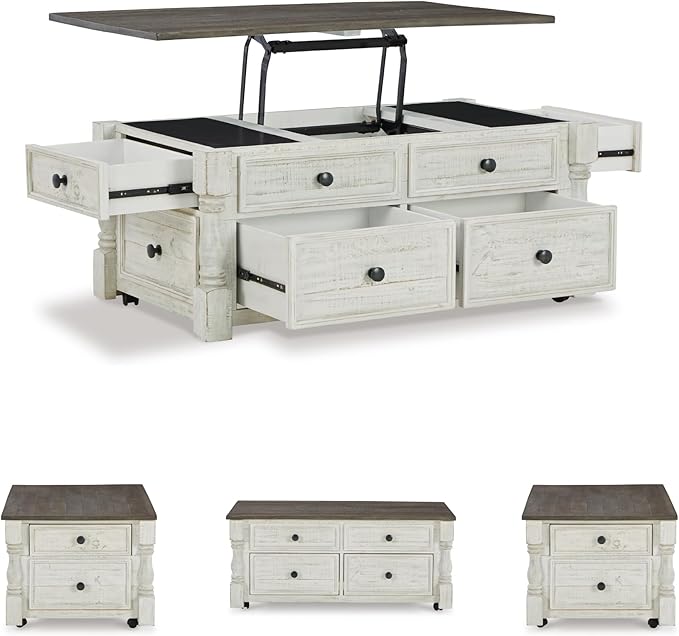Signature Design by Ashley Havalance Farmhouse Lift Top Coffee Table with 4 Storage Drawers and Small Storage Tray, Whitewash