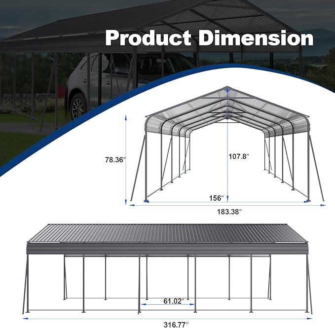 Metal Carport 13 ×26.5 FT Heavy Duty with Galvanized Steel Roof, Metal Garage Canopy with Galvanized Steel Roof & Frame, Car Tent Outdoor Storage Shed for Car, Boats and Truck, Gray